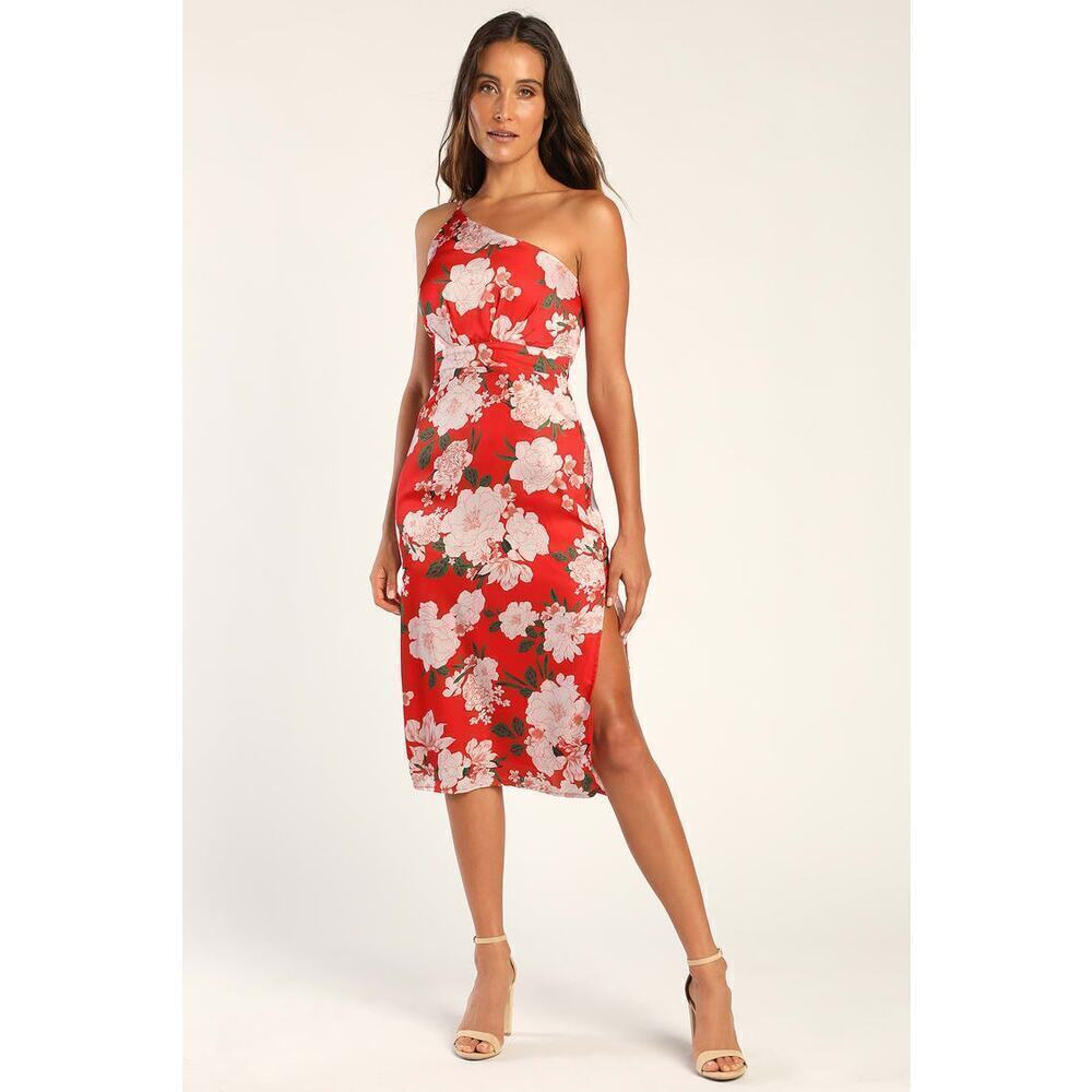 Lulu’s truly red floral print satin one-shoulder midi dress sz XL